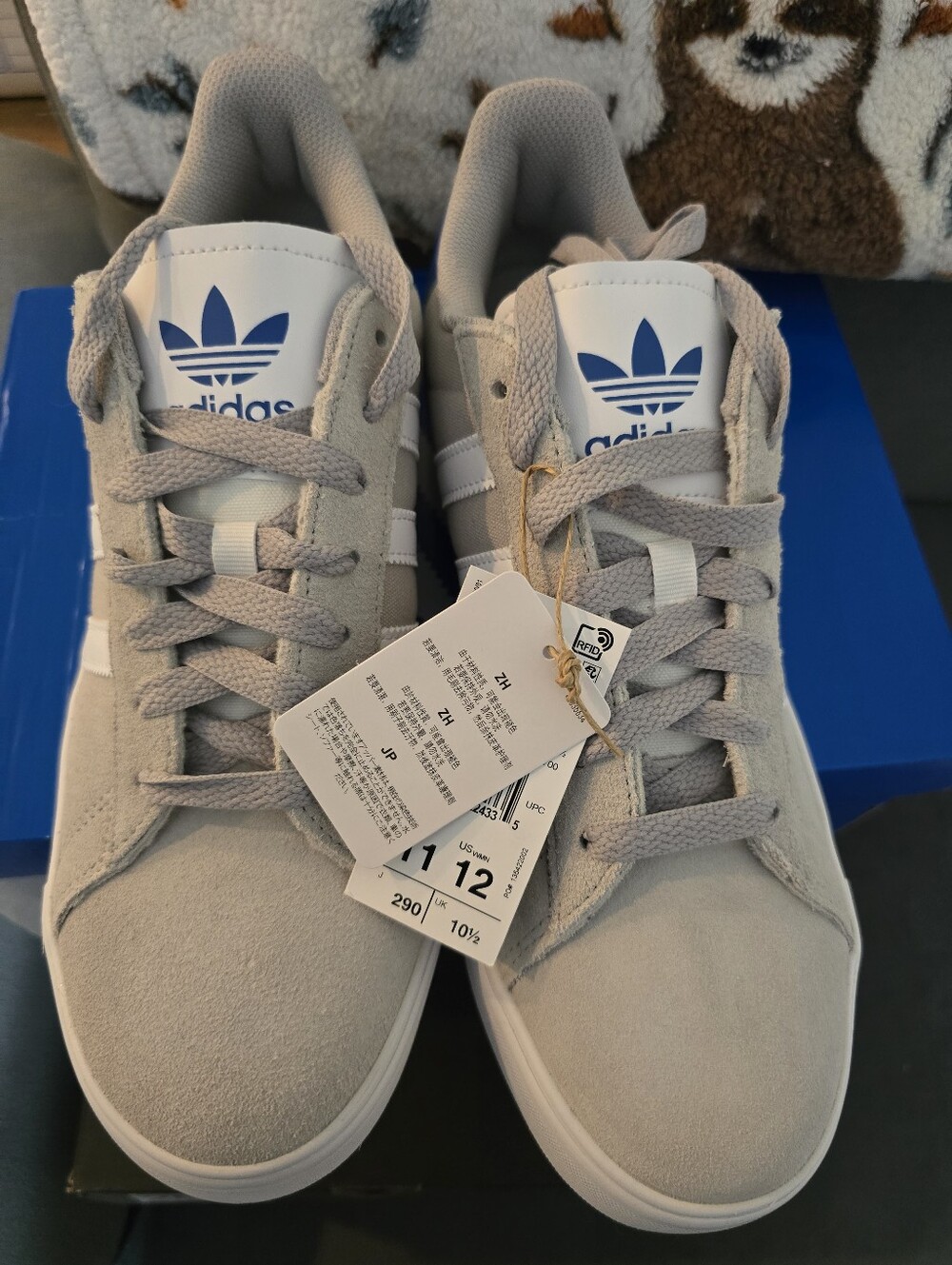 adidas Light Gray Suede-Look Sneakers with Blue Trefoil